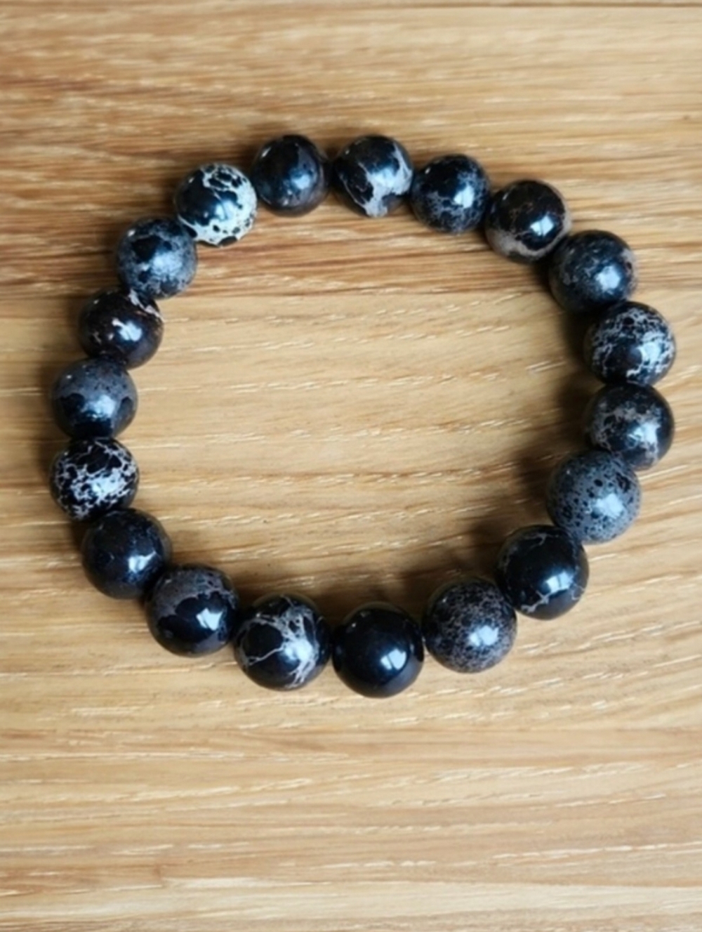 Black Imperial Sea Sediment Jasper Beads Stretch Bracelet, Hand Crafted
